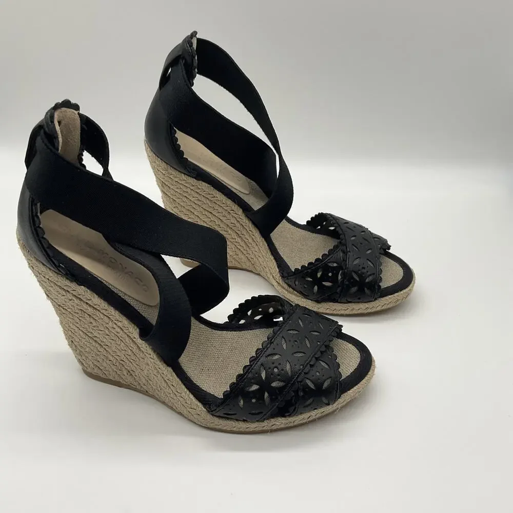 Black Wedge Espadrille Sandals Laser‑Cut Faux Leather Club Monaco Size 7.5‎ US